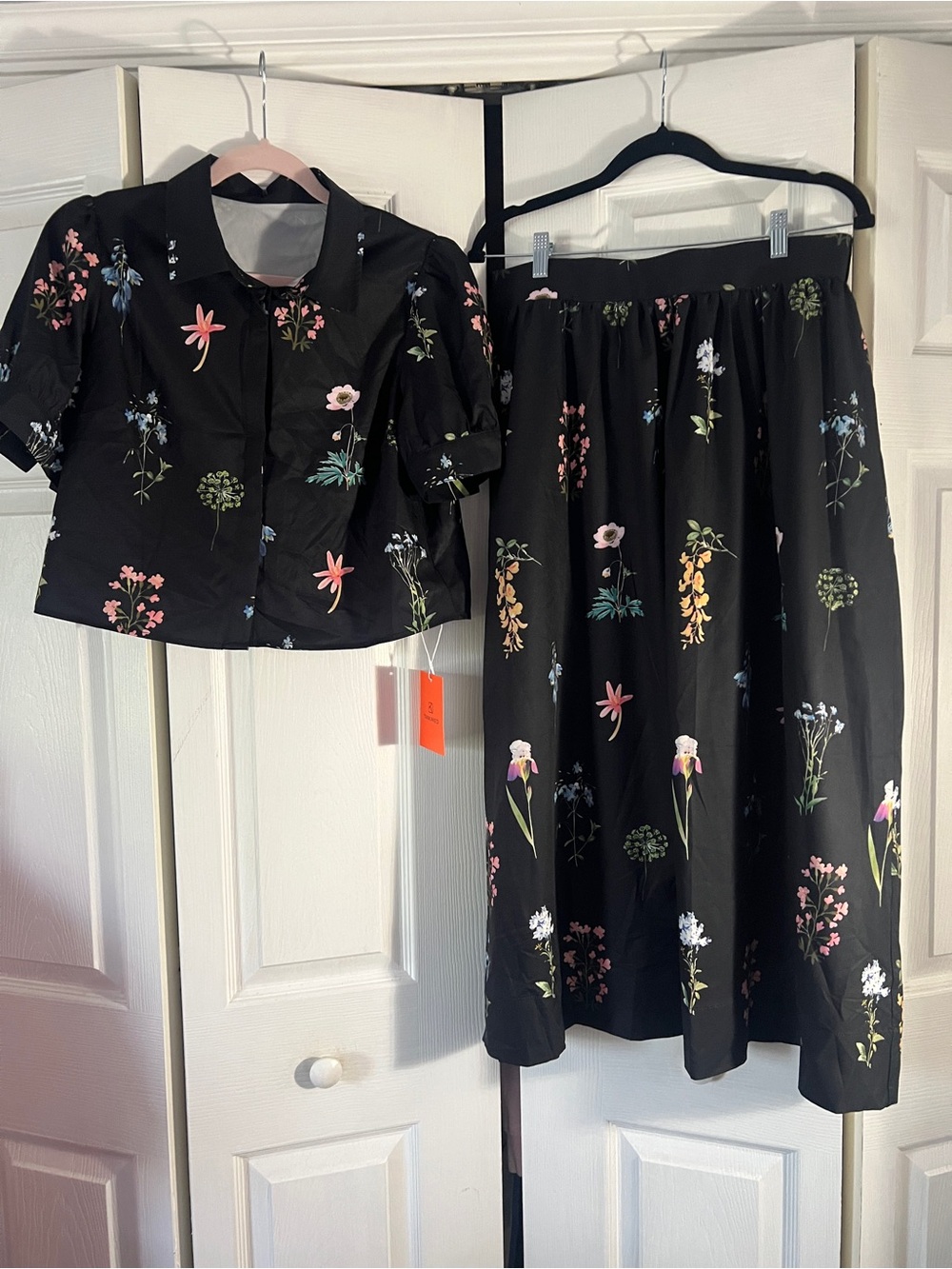 Black Floral Crop Top and Maxi Skirt Set